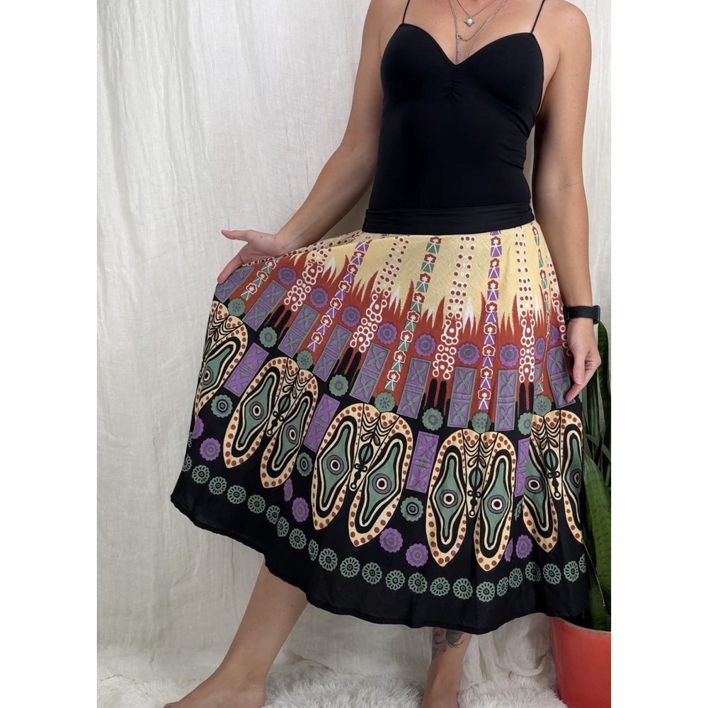 Vtg 90s Geometric Boho Midi Skirt M Retro Eclectic Artsy Folk Maximalist Cotton
